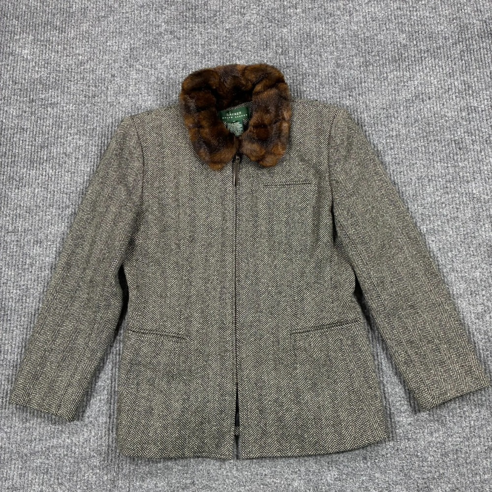 Vintage Lauren Ralph Lauren Womens 10 Gray Herringbone Silk Wool Faux Fur Jacket